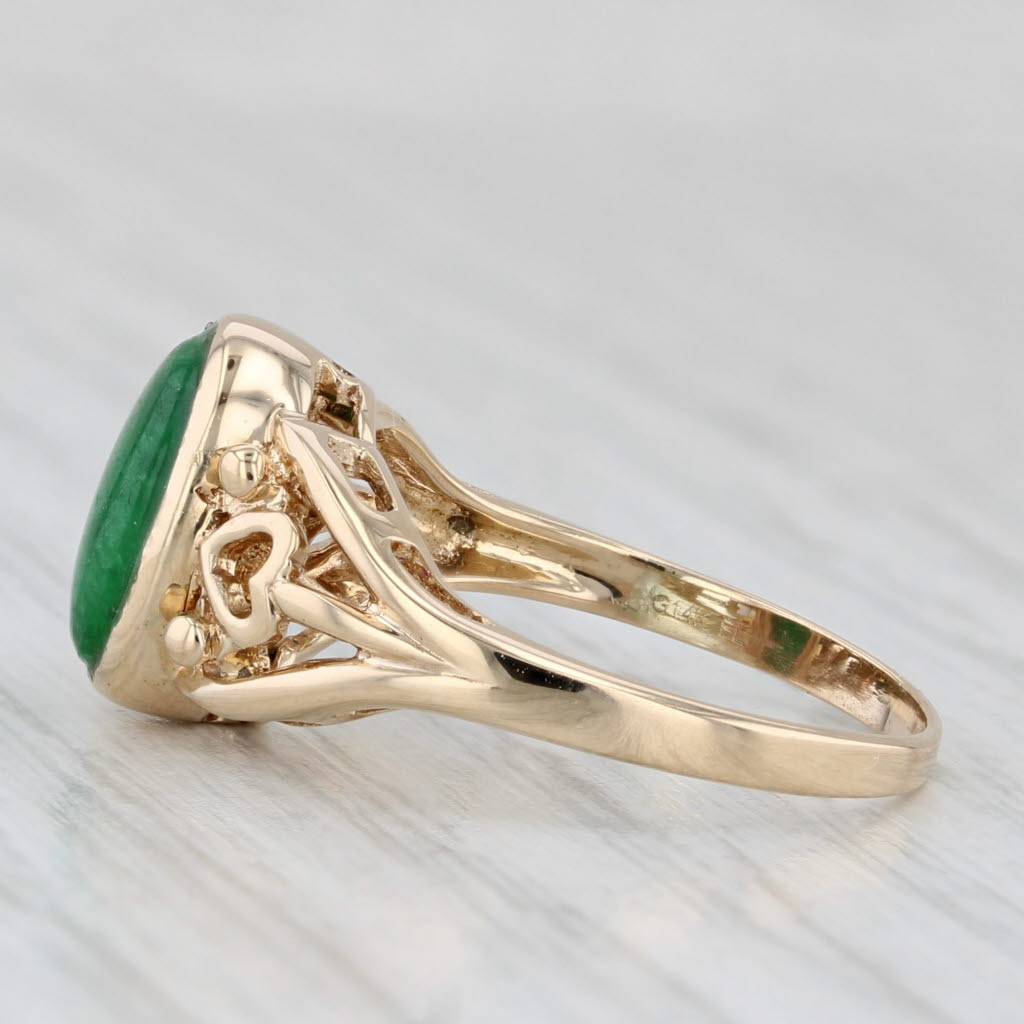 Green Jadeite Jade Oval Cabochon Solitaire Ring 14k Gold Size 6.5 Heart Accents