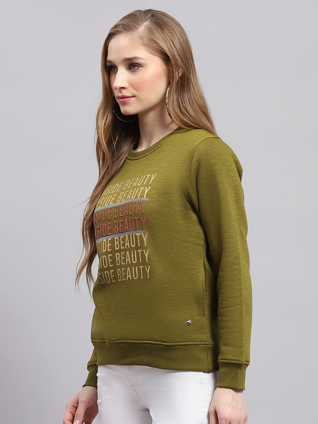 Women Green Printed Round Neck Full Sleeve Sweatshirt