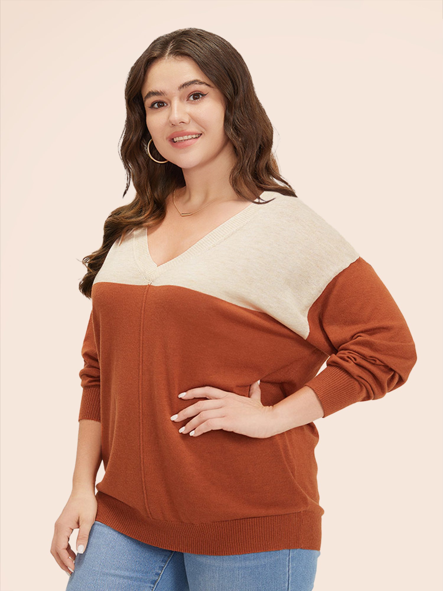 Supersoft Essentials Colorblock Two Tone Patchwork V Neck Pullover