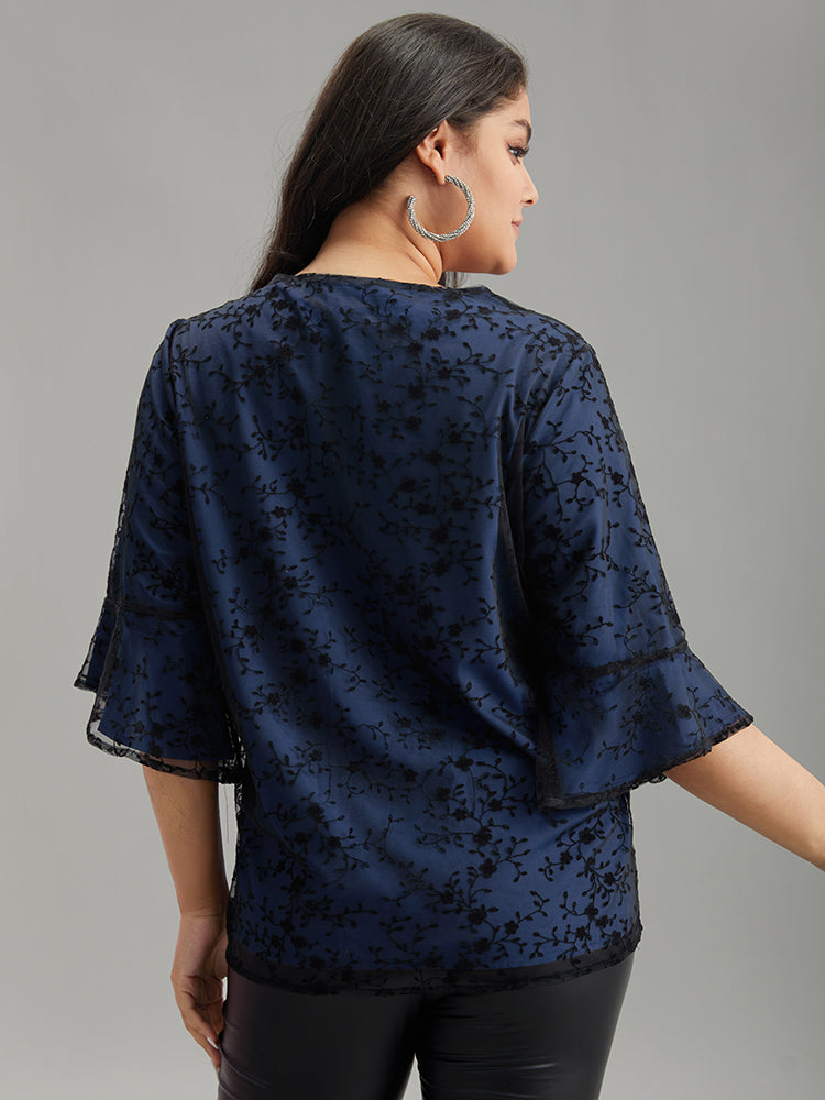 Crochet Lace Mesh Bell Sleeve Blouse
