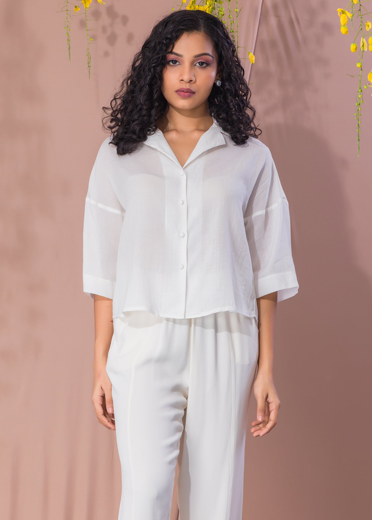 White Drop Shoulder Blouse With Cuban Collar