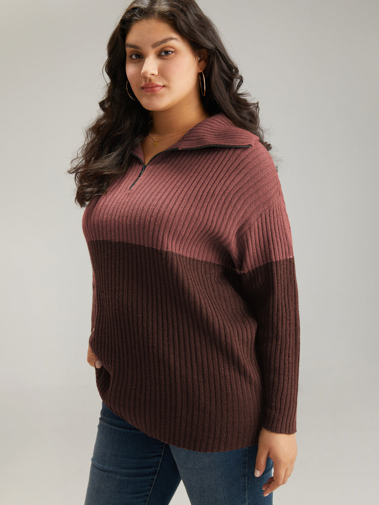 Colorblock Contrast Half Zip Lapel Collar Pullover