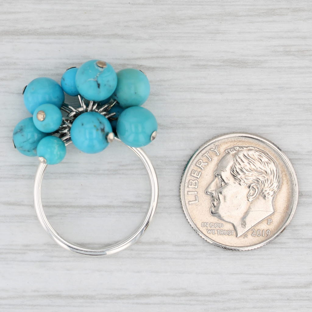 Turquoise Bead Cluster Ring Sterling Silver Size 6 Band Statement
