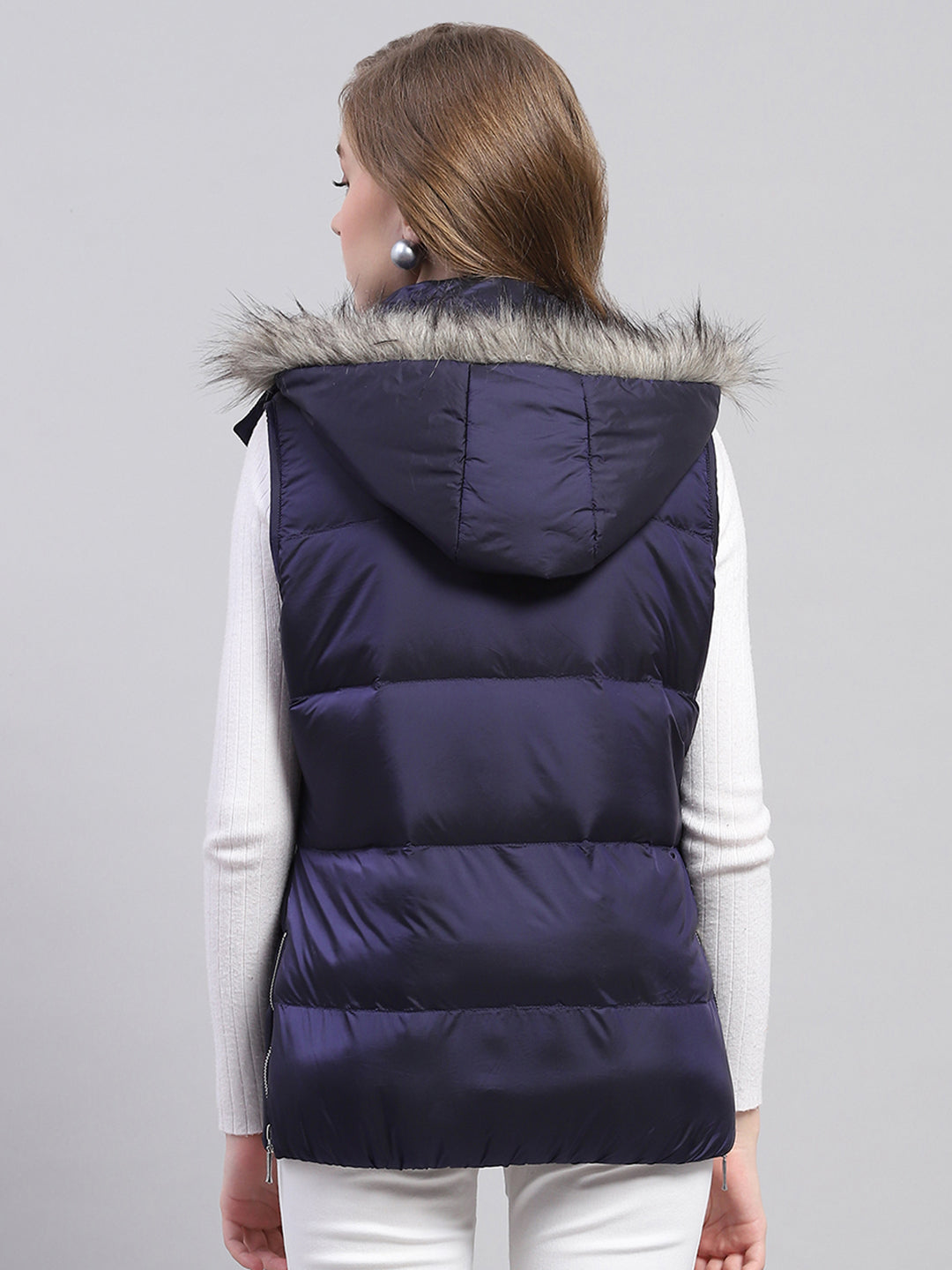 Women Blue Solid Detachable Hood Sleeveless Jacket