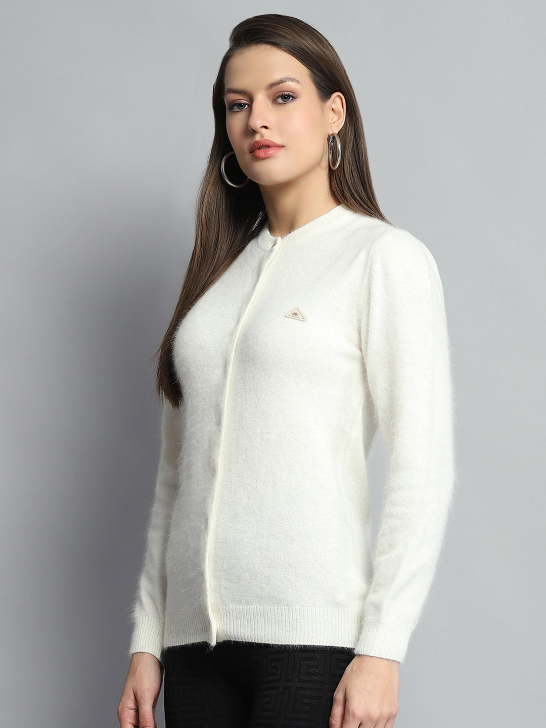 Women Off White Solid Round Neck Full Sleeve Cardigan