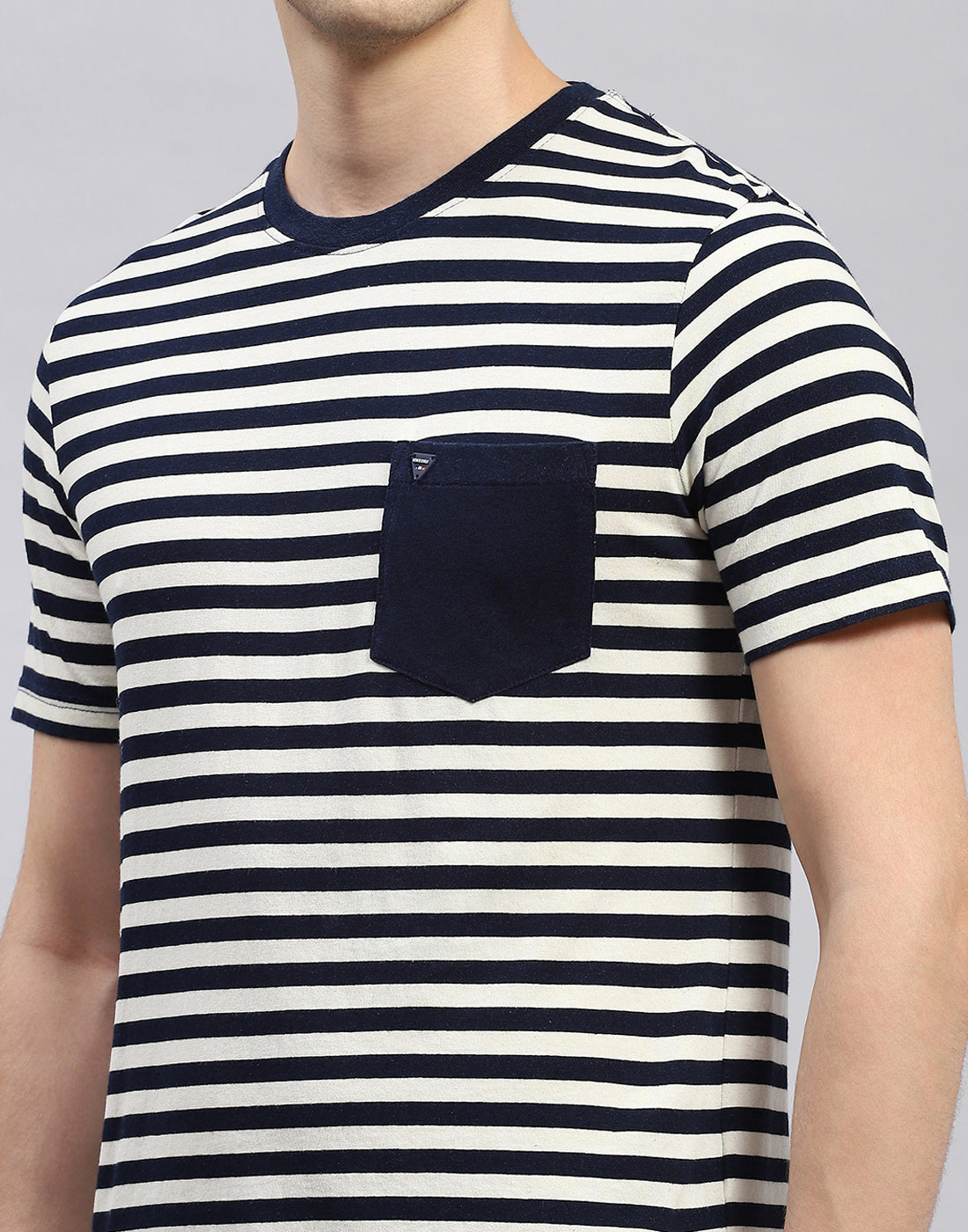 Men Navy Blue Stripe Polo Collar Half Sleeve T-Shirt