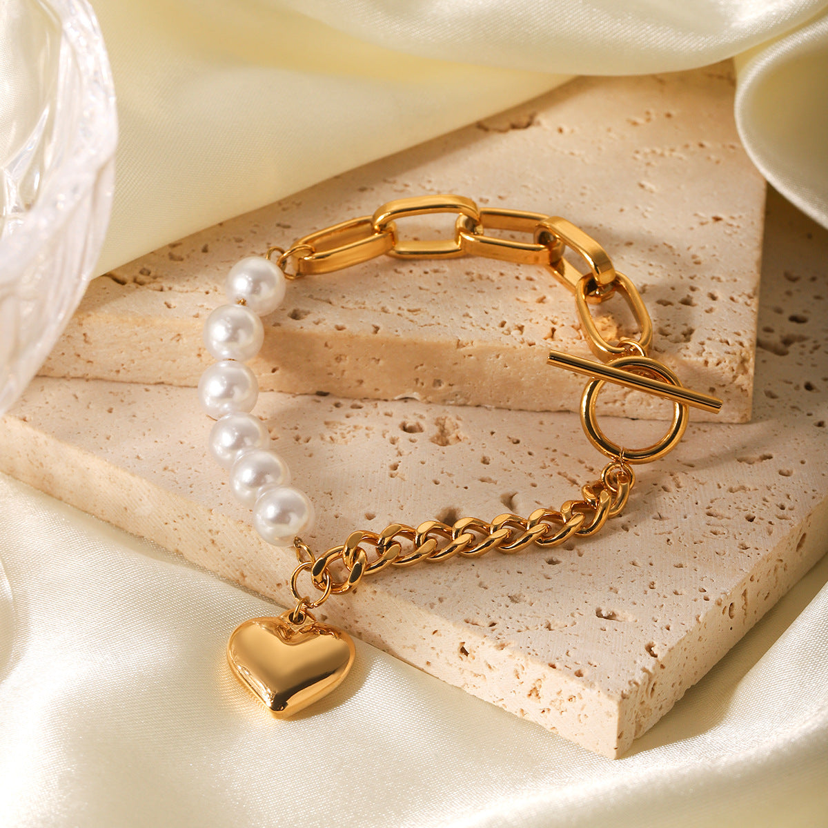 Ins Style Pearl Bracelet Female Stainless Steel Love Pendant Splicing Chain Ot Buckle Titanium Steel Jewelry