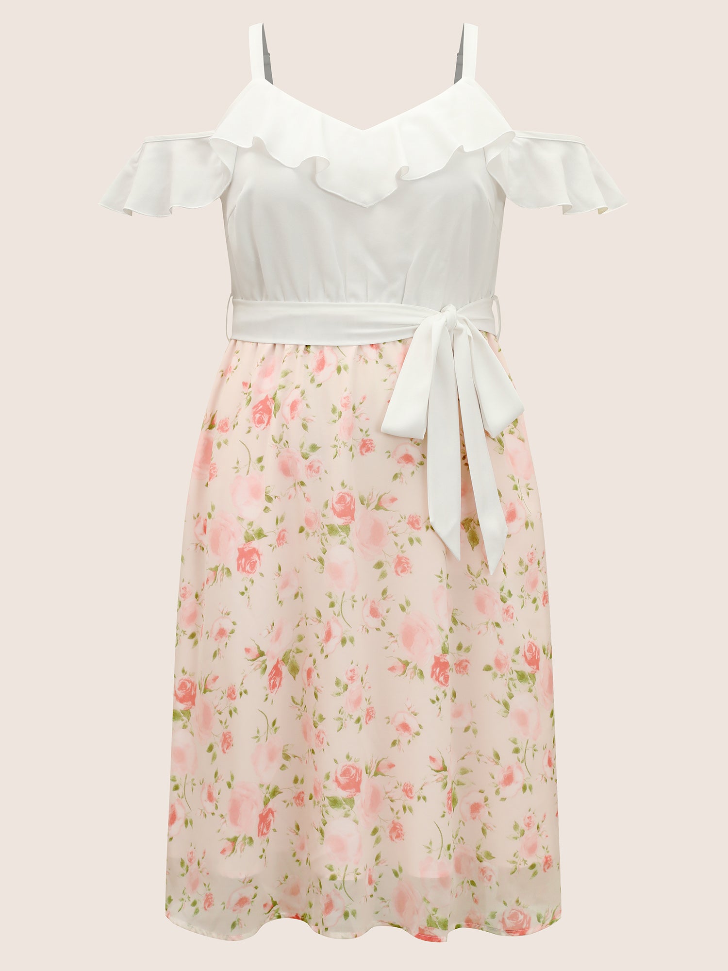 Chiffon Floral Patchwork Ruffle Trim Midi Dress