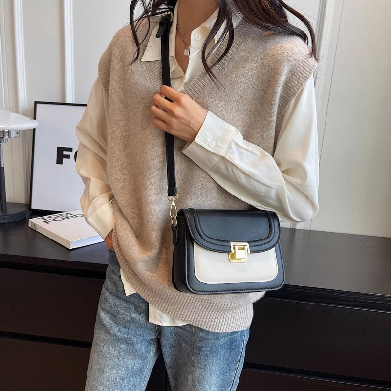Women's Small Pu Leather Color Block Streetwear Square Lock Clasp Shoulder Bag Crossbody Bag