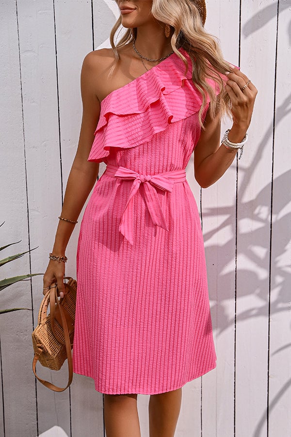 Stripe Print One Shoulder Tie Waist Casual Dress