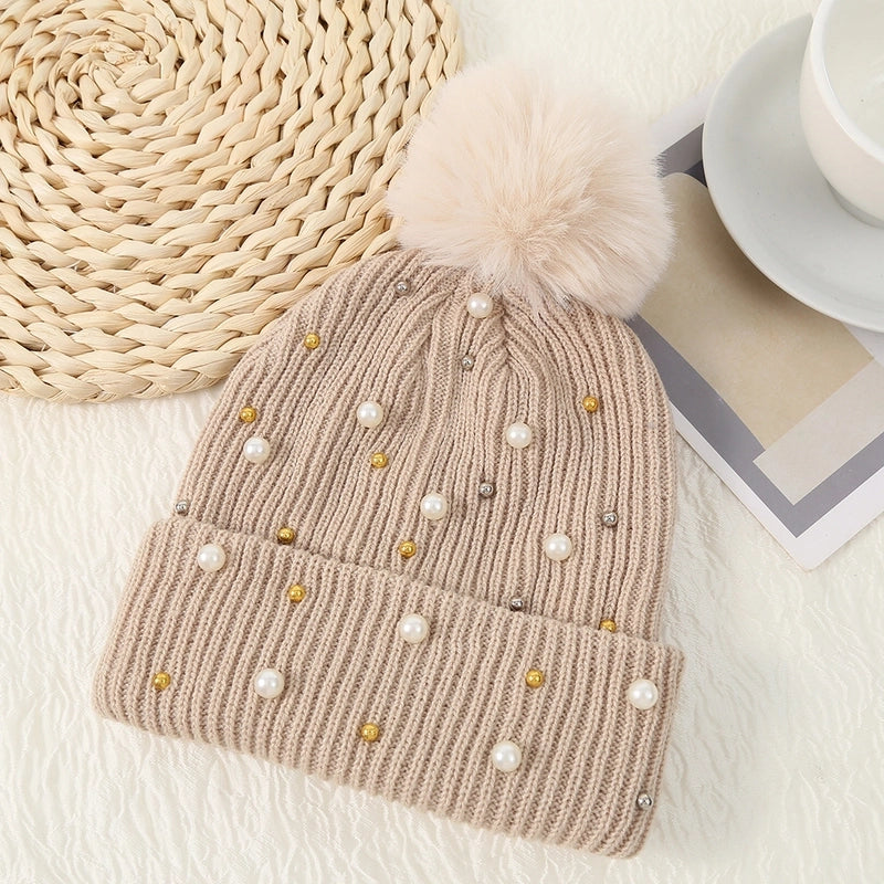 Women's Basic Sweet Minimalist Solid Color Pom Poms Pearl Eaveless Wool Cap