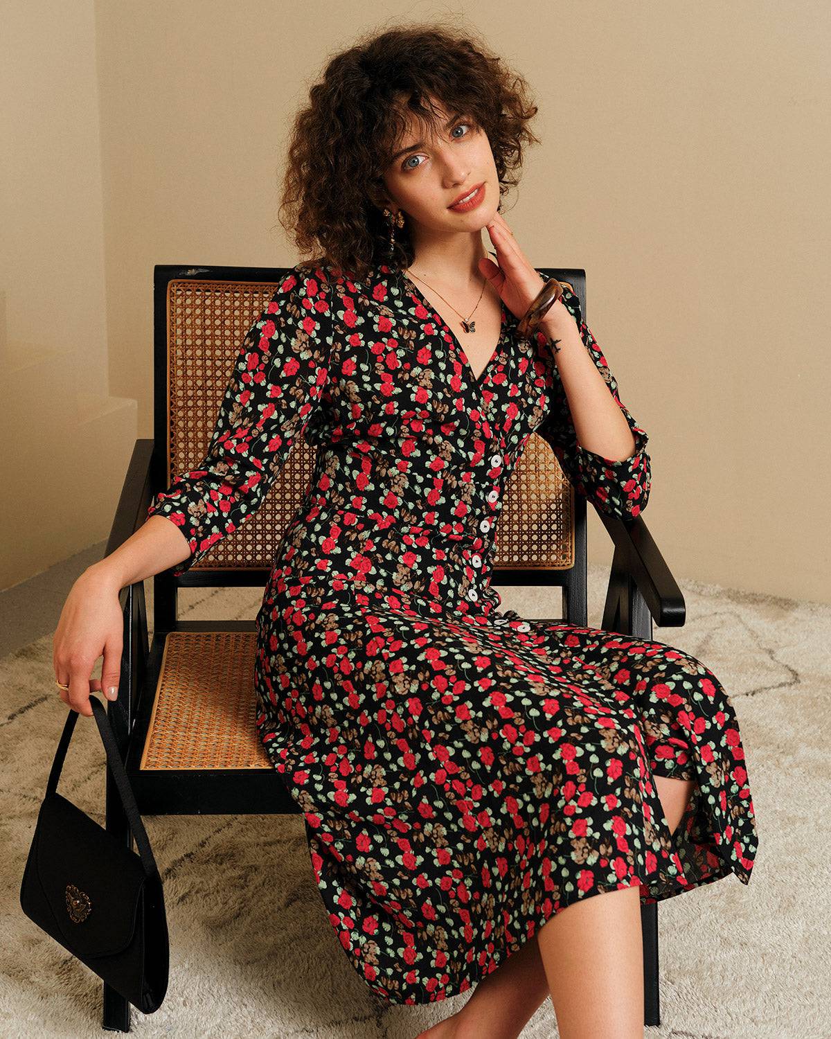 The V Neck Button Floral Midi Dress