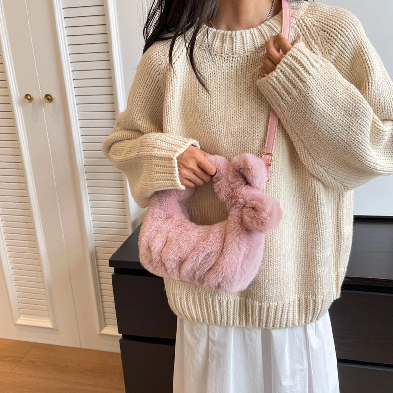 Women's Small Plush Solid Color Elegant Bucket Zipper Shoulder Bag Handbag Crossbody Bag