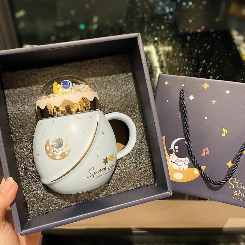 2 Pieces Astronaut Series Space Mug With Lid And Spoon Ceramic Couple Water Cup Girl Gift Set Boyfriend Gift