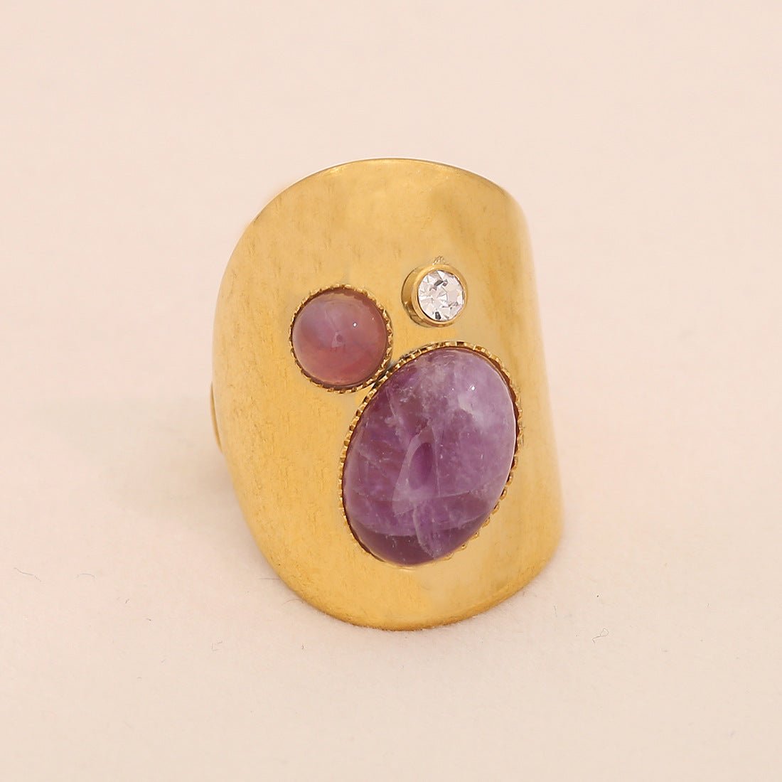 Retro Amethyst Natural Stone Ring Geometric Metal Style Open Ring R120