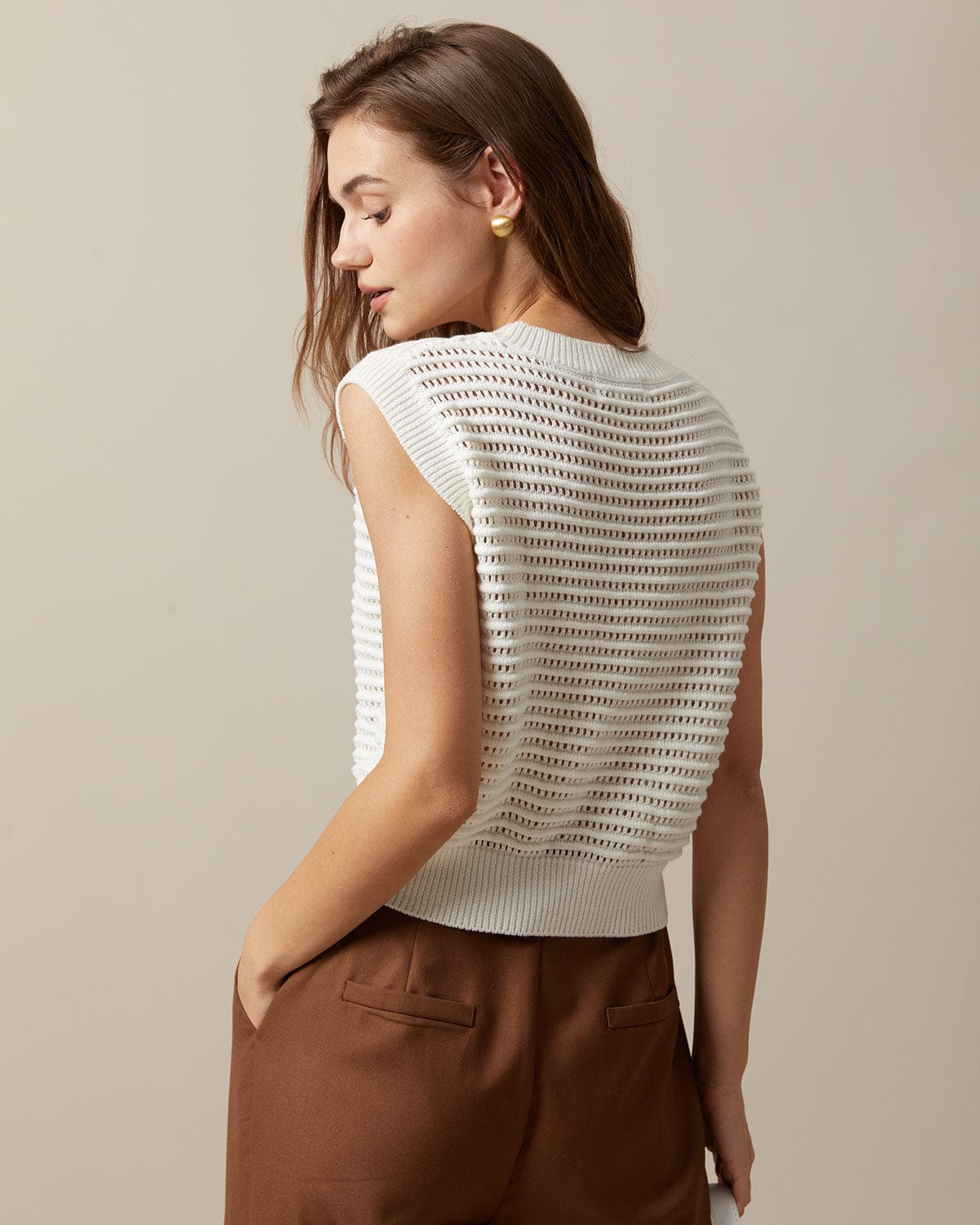 The Beige Sleeveless Pointelle Ribbed Knit Vest