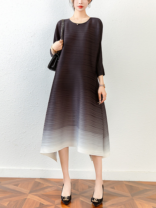 Original Long Sleeves Loose Pleated Gradient Round-Neck Midi Dresses