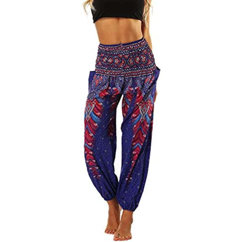Women's Boho Pants Harem Smocked Waist Yoga Hippie Palazzo Summer Beach Pants