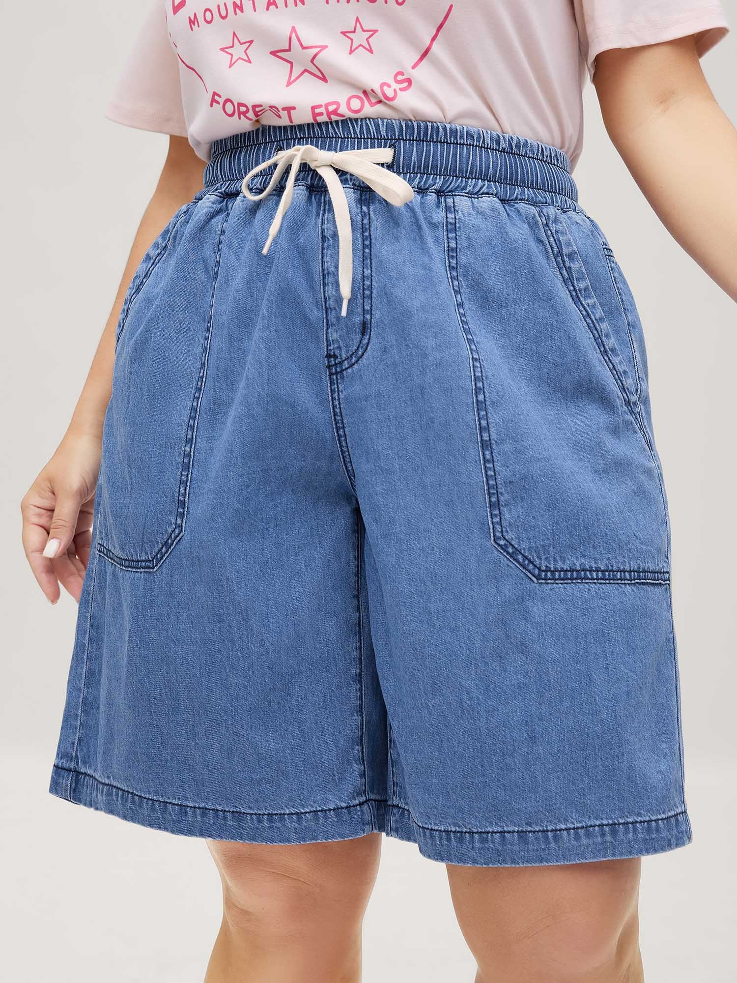 Cotton Stretchy Waist Drawstrings Denim Shorts