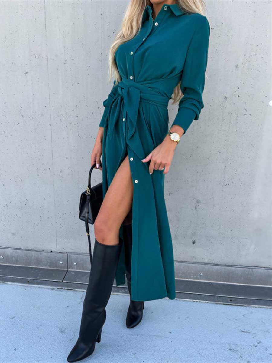Long Solid Color Cardigan Long Sleeve Hem Dress