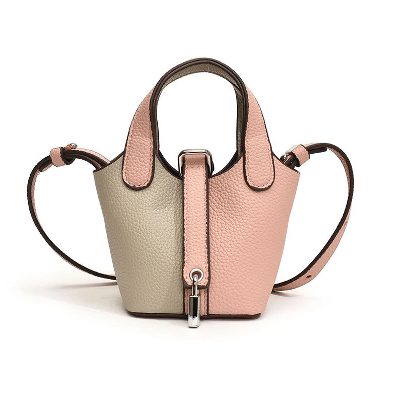 Girl'S Pu Leather Color Block Streetwear Bucket Lock Clasp Shoulder Bag Handbag Crossbody Bag