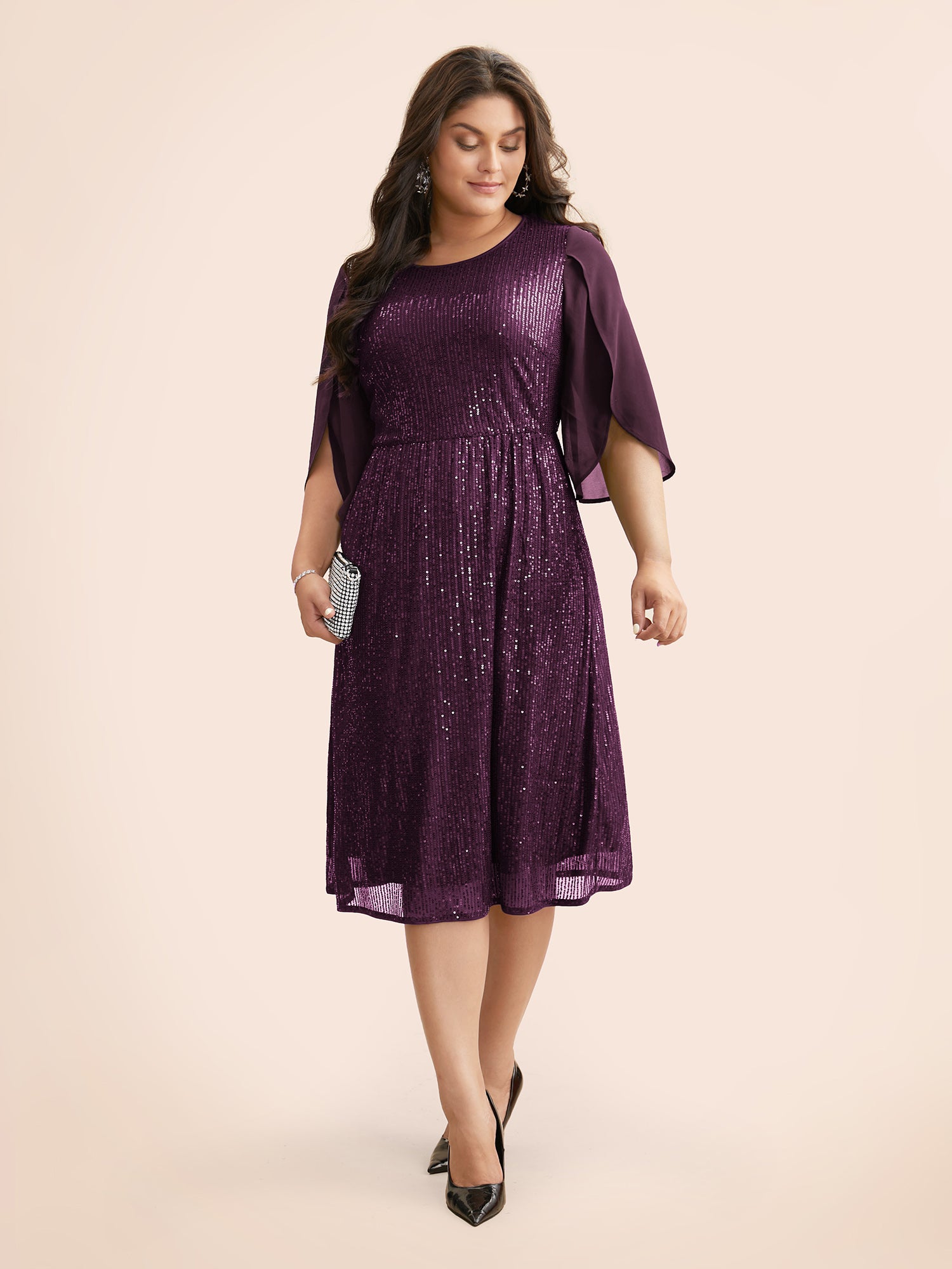 Sequin Mesh Patchwork Petal Sleeve Dress