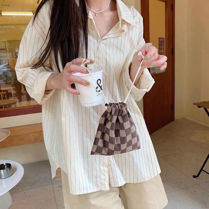 Unisex Small Polyester Plaid Flower Streetwear Bucket String Handbag