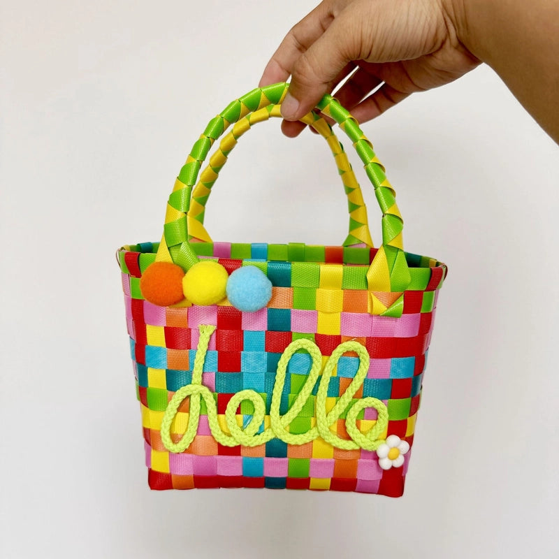 Women's PVC Color Block Plaid Vacation Weave Square Open Square Bag