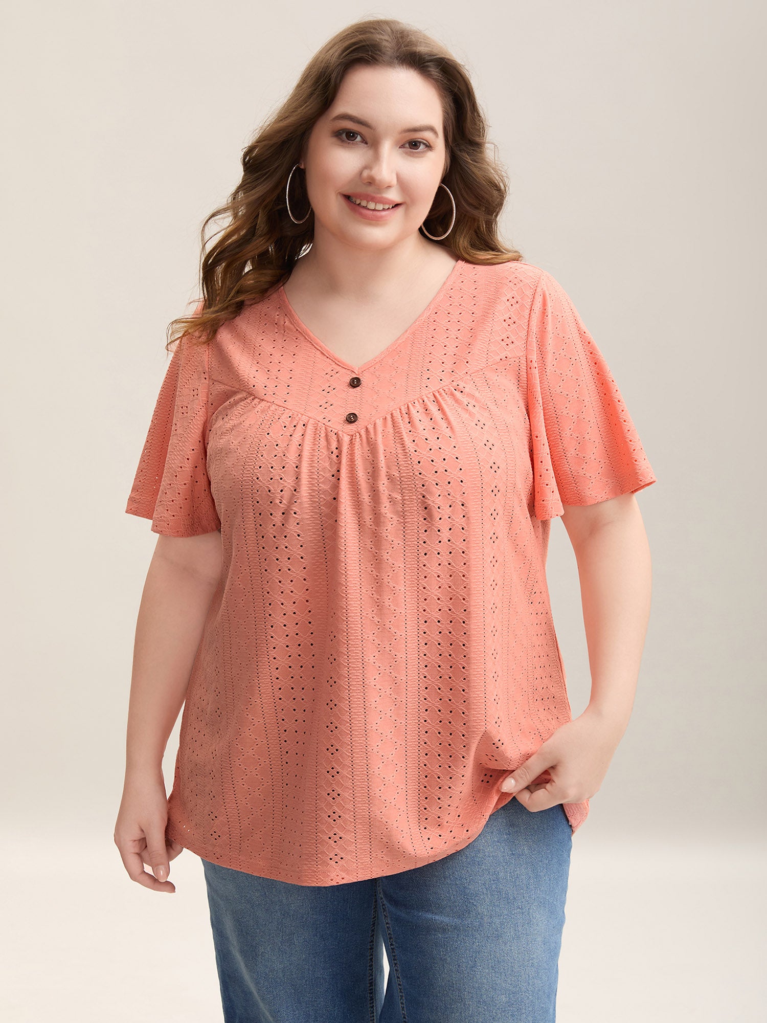 Textured Button Detail Pleated T-Shirt