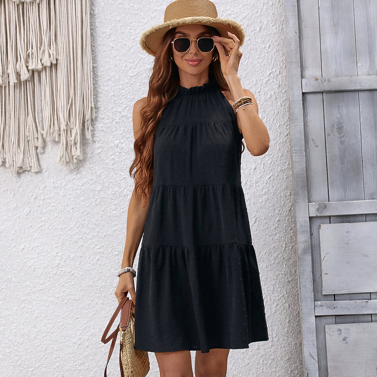 Fashion Solid Black Frill Ruffle Dress