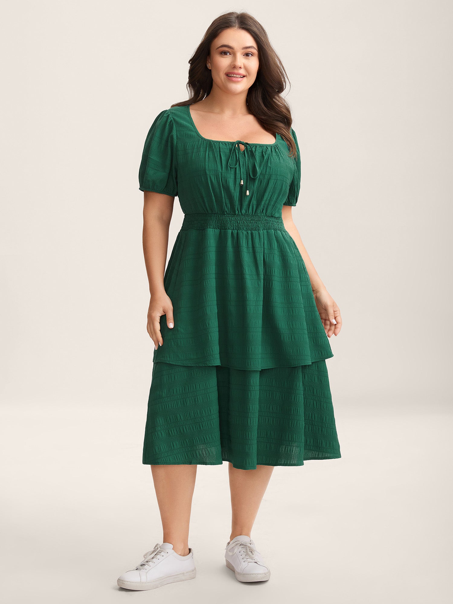 Neck Tie Textured Layered Hem Midi Dress