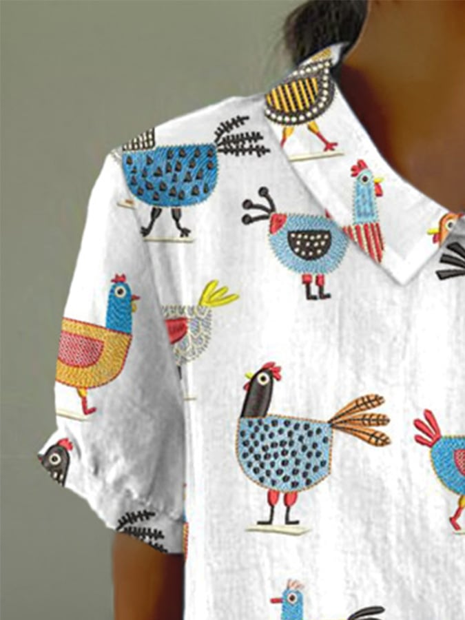 Women'S Funny Farm Chicken Art Print Casual Cotton And Linen Shirt