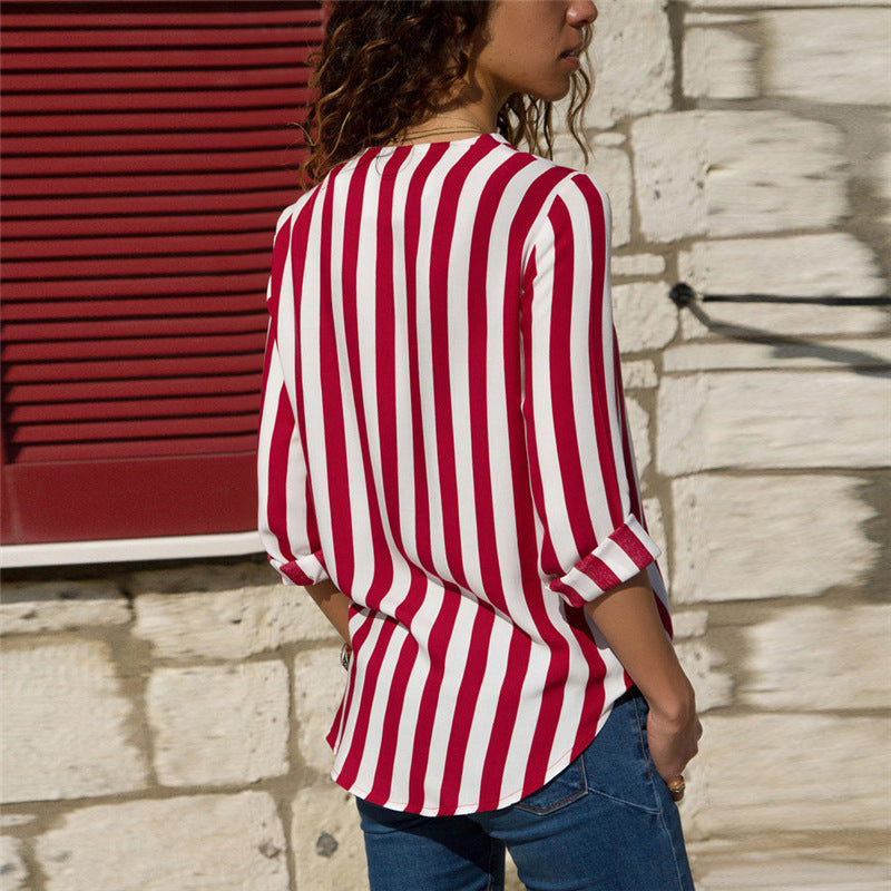 V-Neck Striped Long-Sleeved Shirt