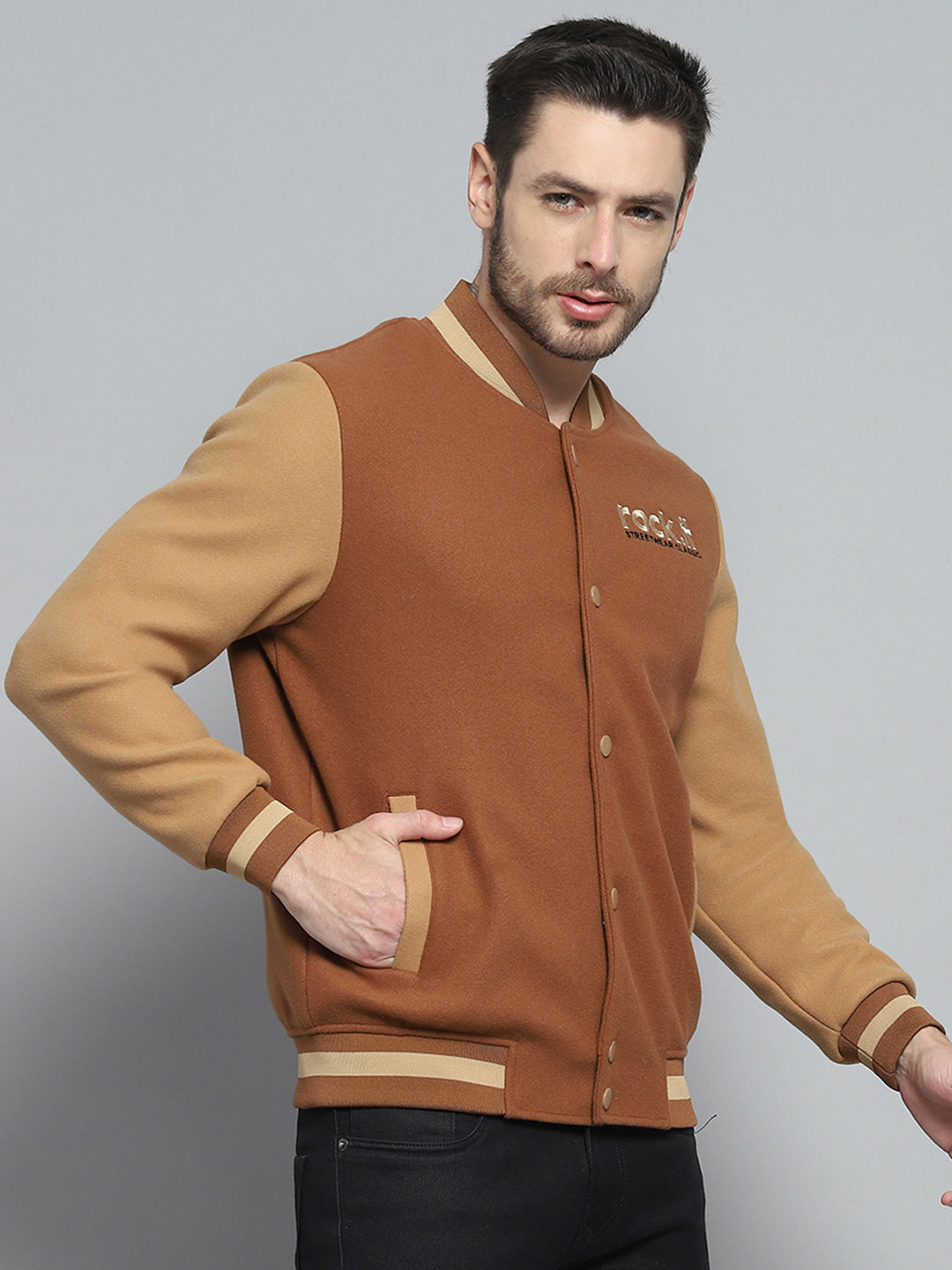 Men Rust Printed Band Collar Full Sleeve Sweatshirt