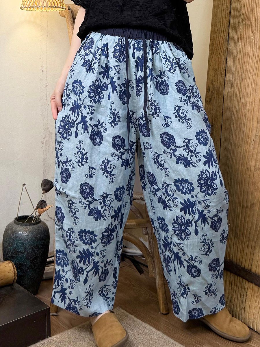 Women Summer Artsy Flower Linen Straight Pants