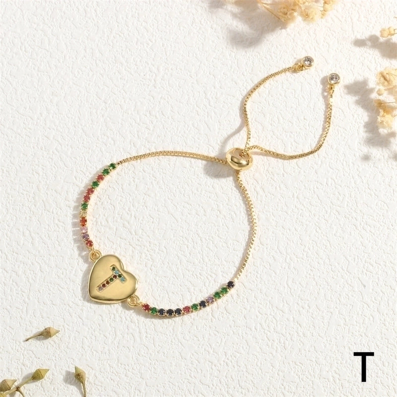 Copper 18K Gold Plated Elegant Romantic Sweet Letter Heart Shape Inlay Zircon Bracelets