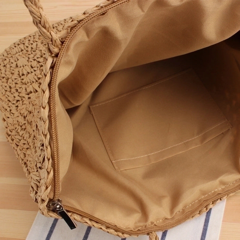 Women's Large Spring&summer Straw Solid Color Vacation Square Zipper Straw Bag