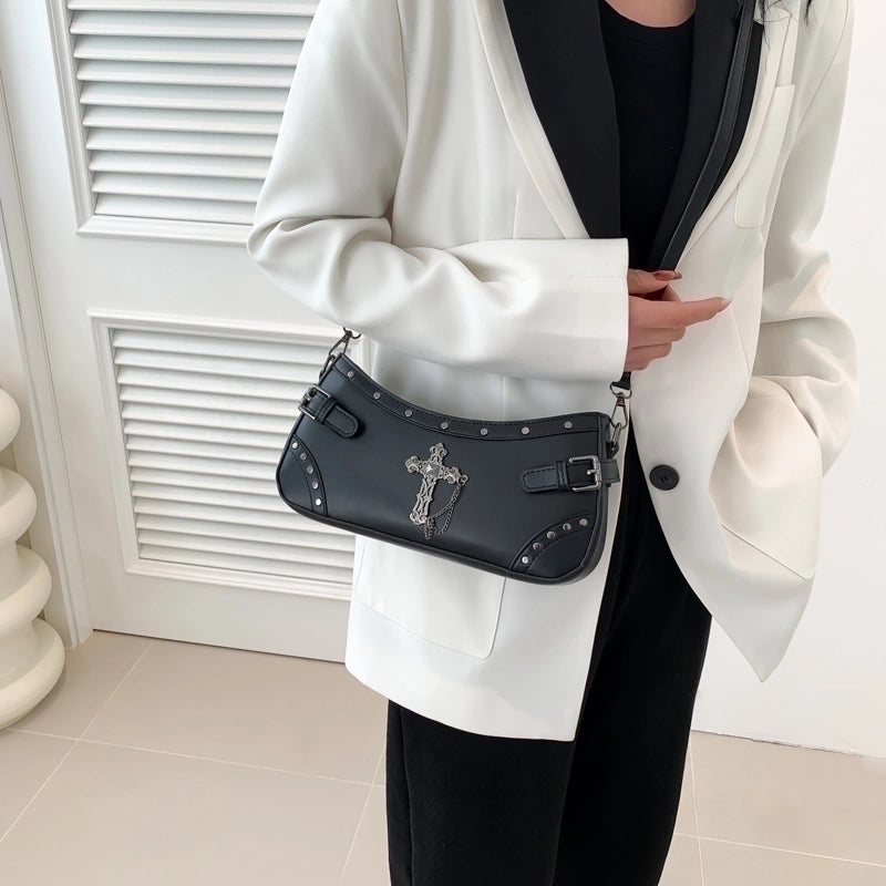 Halloween Women's Pu Leather Cross Skull Punk Sewing Thread Zipper Crossbody Bag