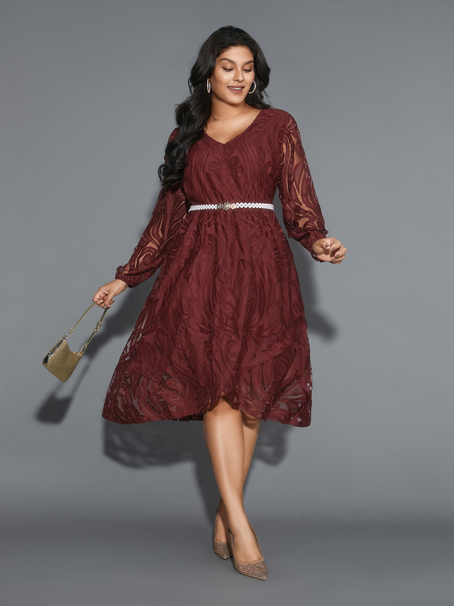 Crochet Lace Mesh Lantern Sleeve Dress