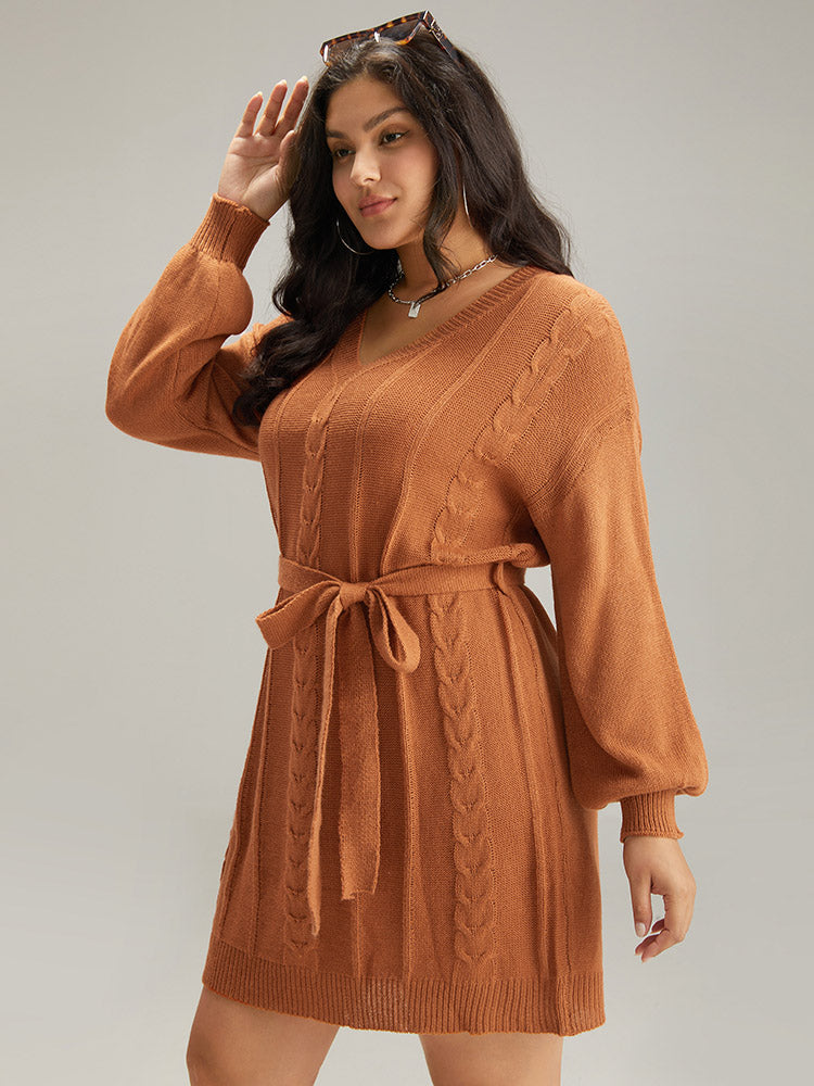 Cable Knit Belted Lantern Sleeve Sweater Dress