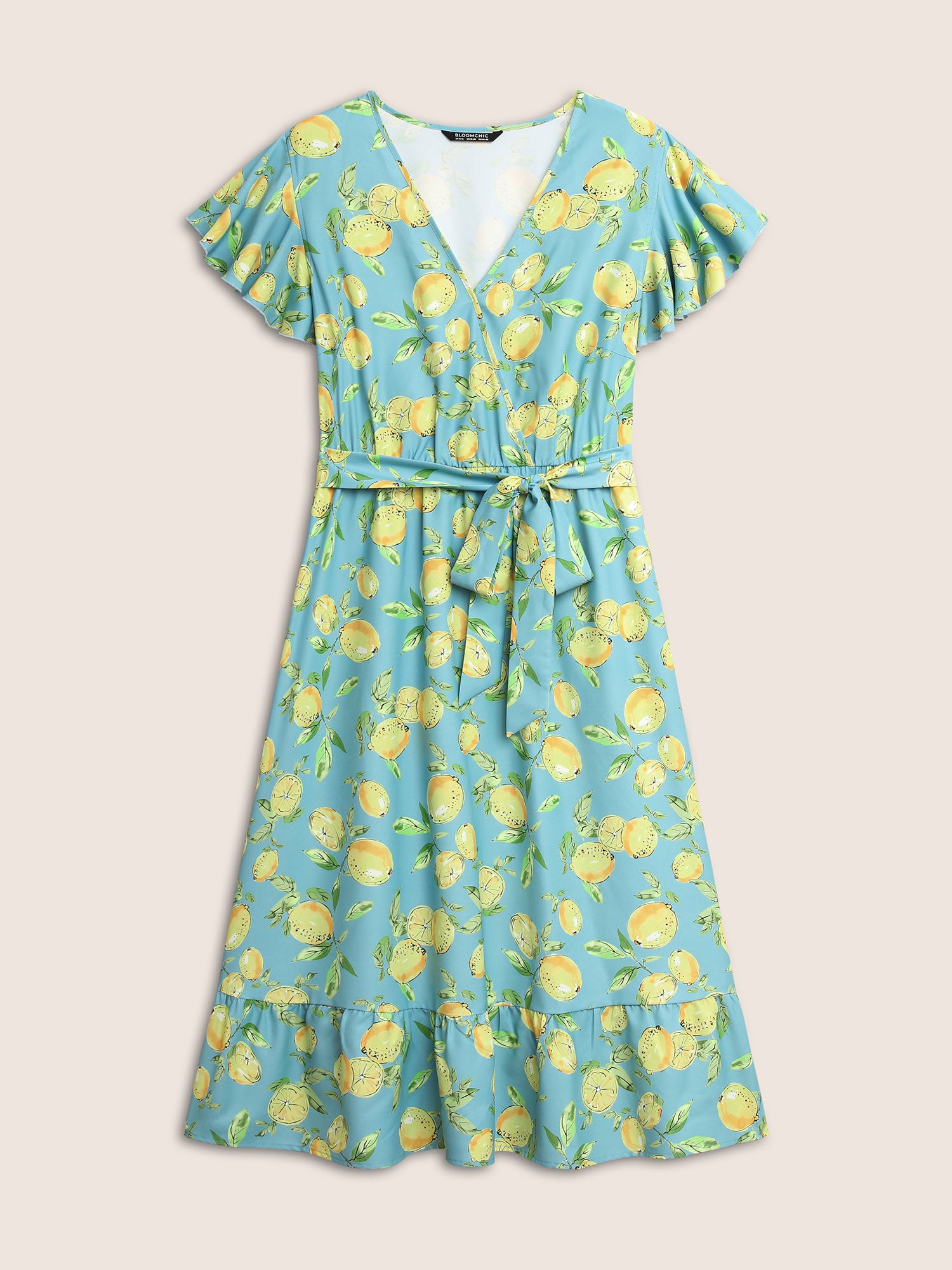 Citrus Lemon Print Ruffle Cap Sleeve Belted Dress