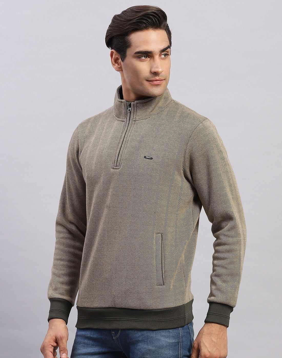 Men Olive Self Design Mock Neck Full Sleeve Sweatshirt