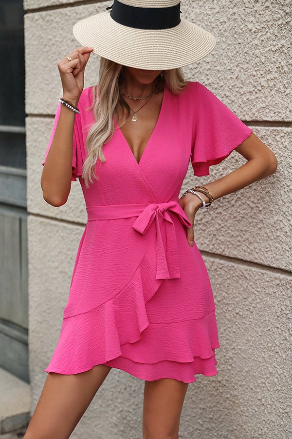 Solid Deep V Neck Ruffle Hem Mini Dress