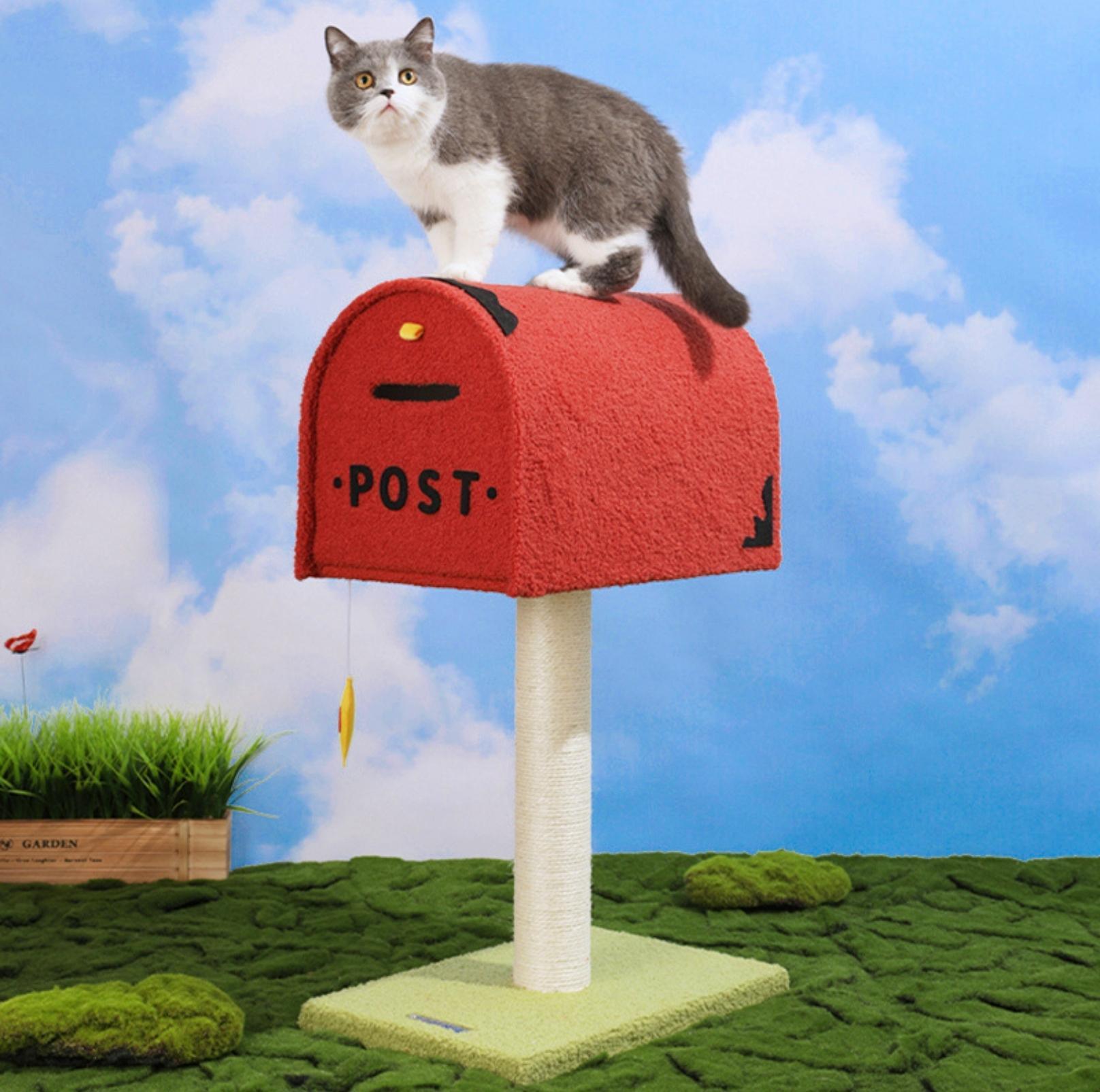 Cute Mailbox Sisal Cat Scratching Post Tree with Interactive Window