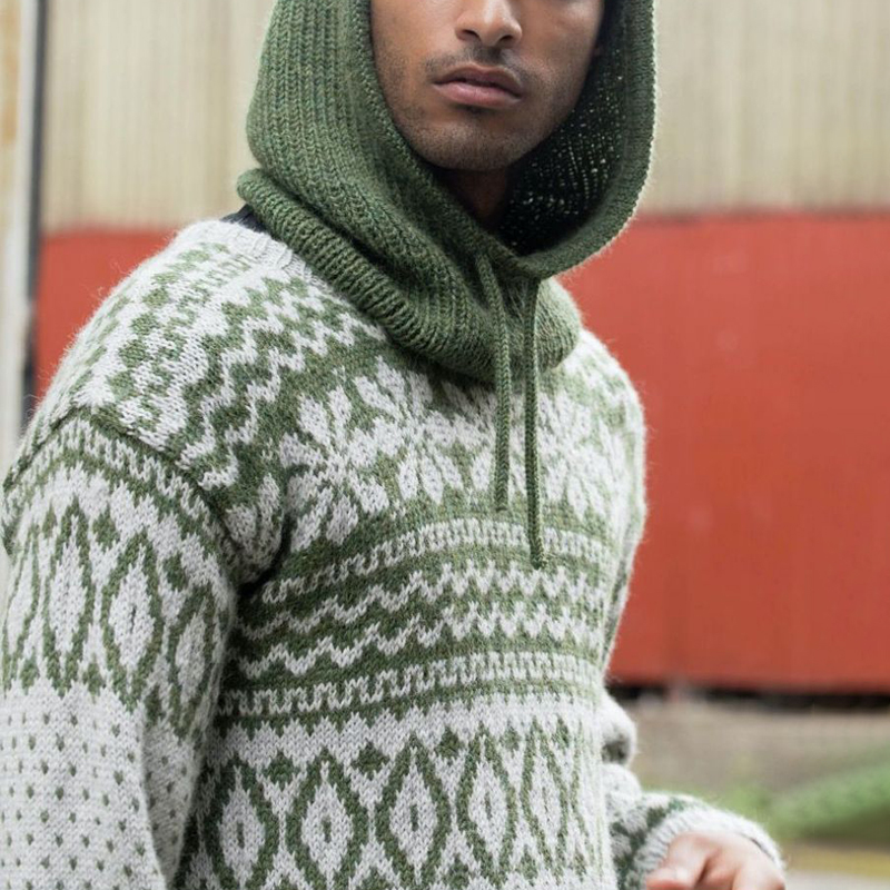 Men'S Vintage Knitted Jacquard Hooded Sweater