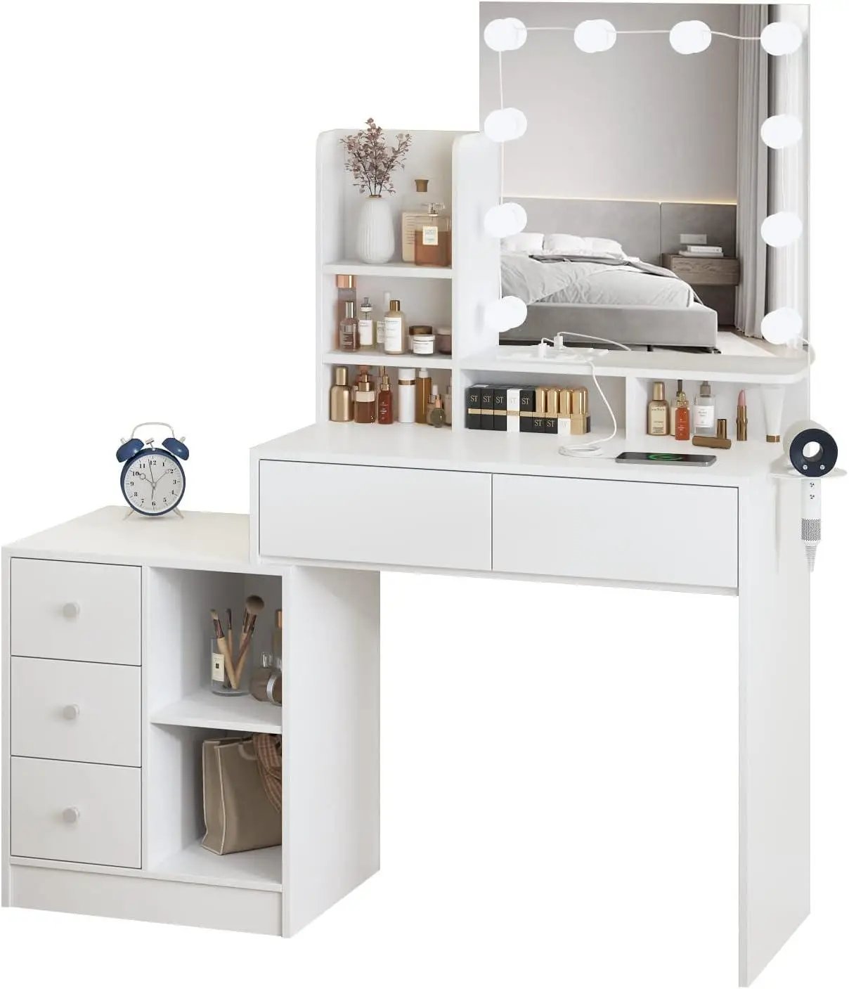 Functional White Vanity Table with 5 Drawers and Lots Storage Shelves for Women Girls