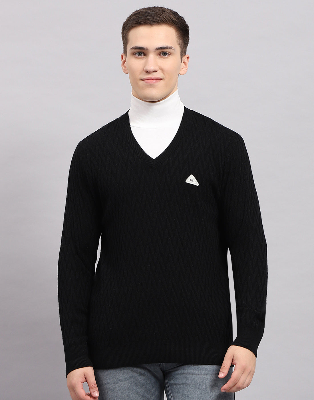 Men Black Self Design V Neck Full Sleeve Pullover