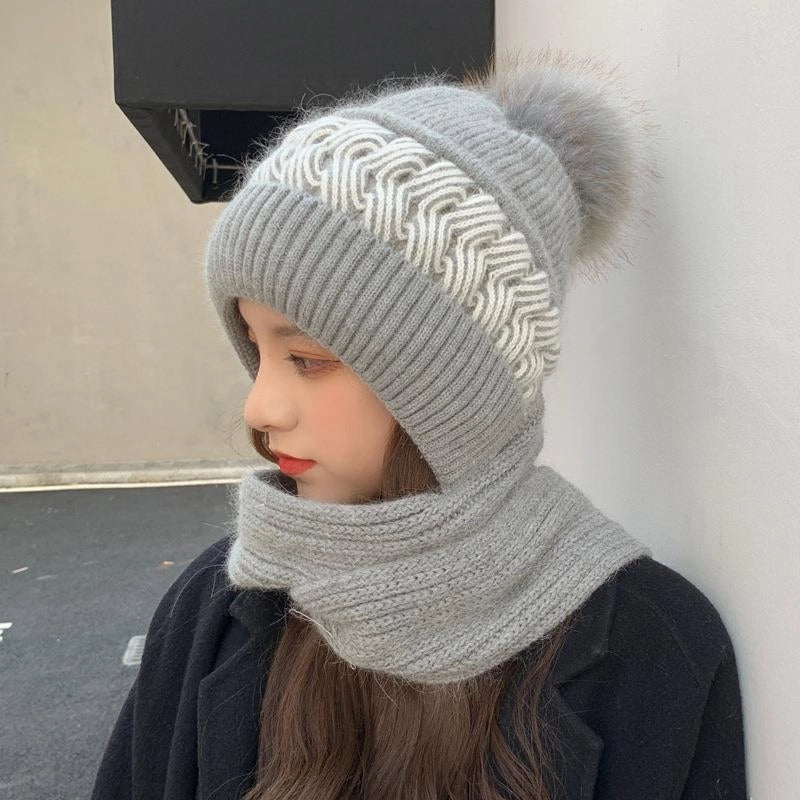 Hat Women's Autumn And Winter Korean-style Cute Knitted Hat Cold-proof Ear Protection Neck Protection Thickened Wool Hat Scarf -one Hat