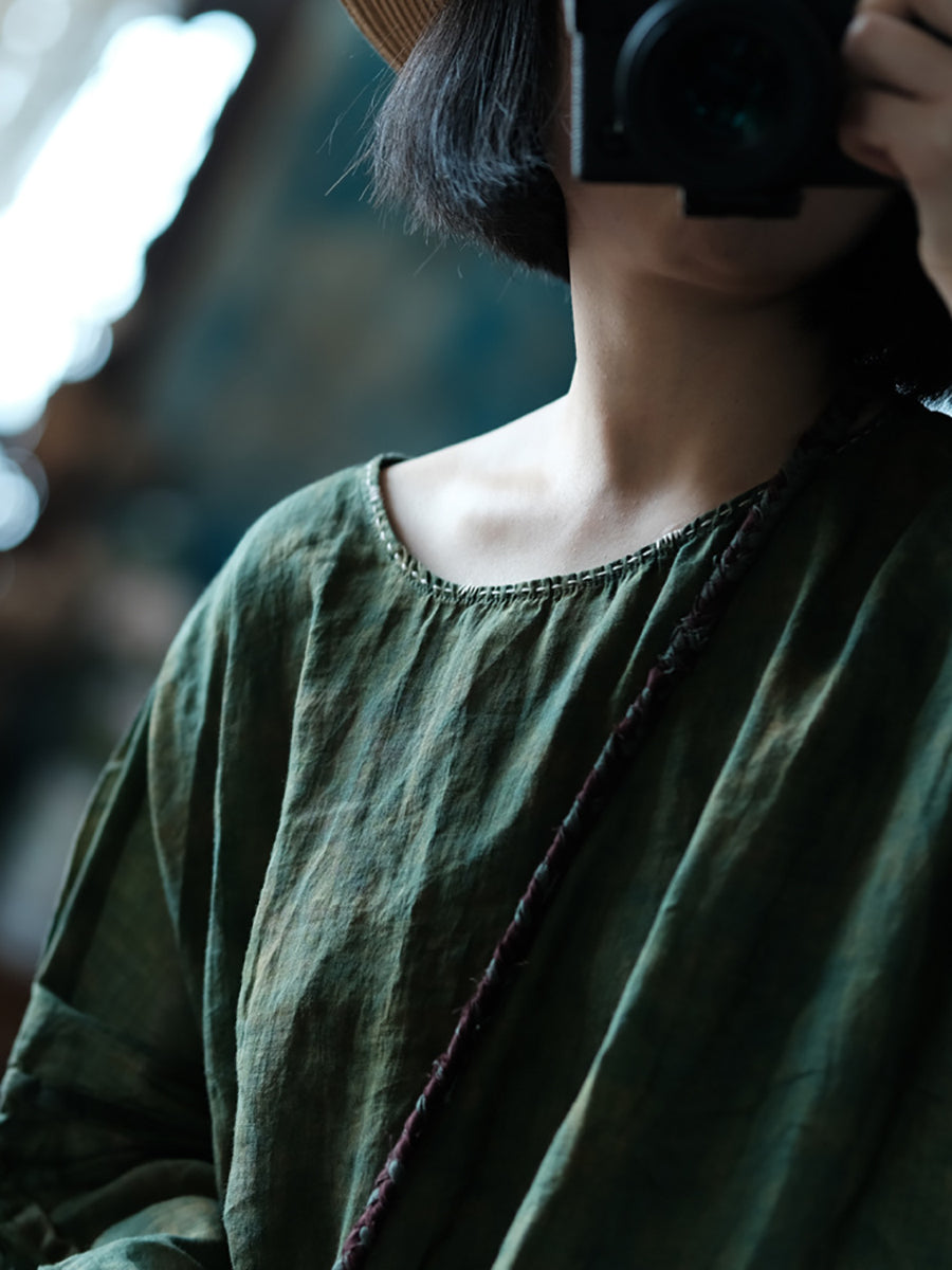 Women Vintage Pure Color Linen O-Neck Dress