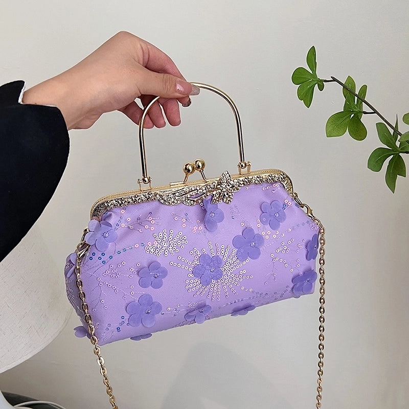 Women's Medium Pu Leather Gauze Flower Classic Style Clasp Frame Crossbody Bag
